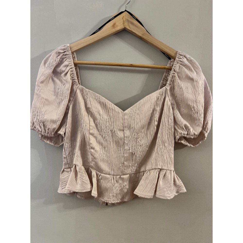 Forever 21 Peplum Top Women Large Pink Puff Sleeve Jacquard Zipper Back Nice!